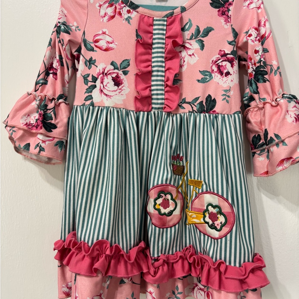 Marie Nicole Floral Pink and Green Striped Kids Dress